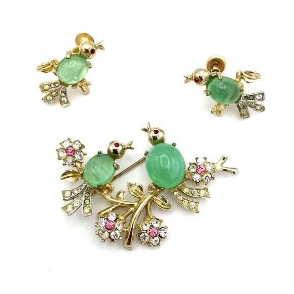 CORO Adolph Katz era rhinestone jelly belly birds on branch...